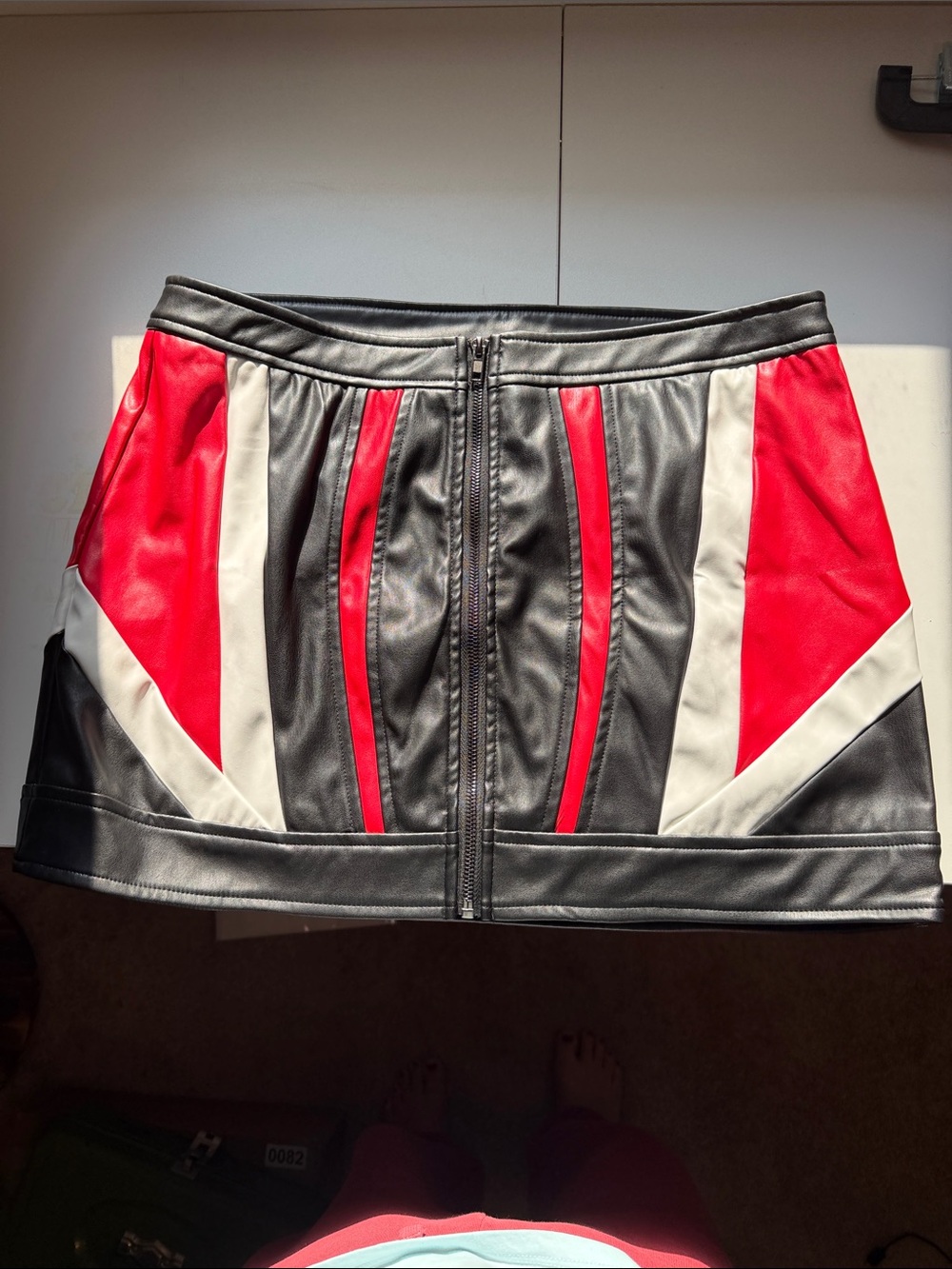 Black, Red & White Faux Leather Zip-Front Mini Skirt